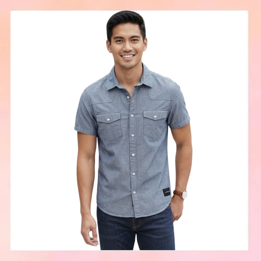 CALVIN KLEIN JEANS Blue Chambray Short Sleeve Button Down Shirt Size M